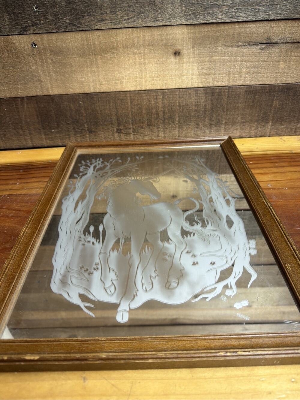 Vintage Mirrored Unicorn Picture With Wood Frame 16.5 X 12
